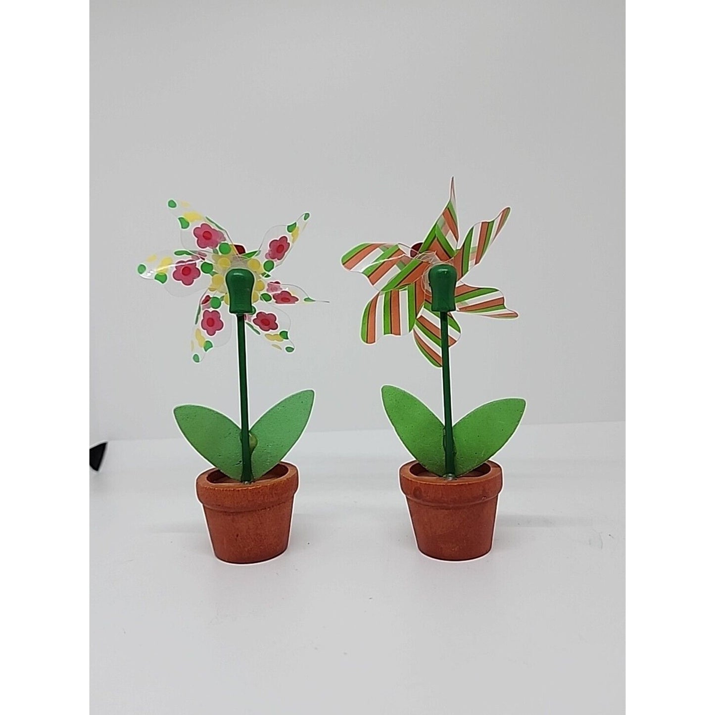 2 Multi-Colored Pinwheel Flowers In Red Pots/ Collectible/ Rare Find