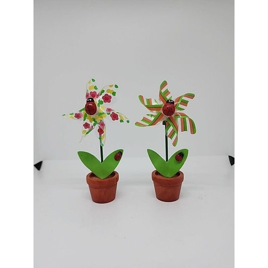 2 Multi-Colored Pinwheel Flowers In Red Pots/ Collectible/ Rare Find