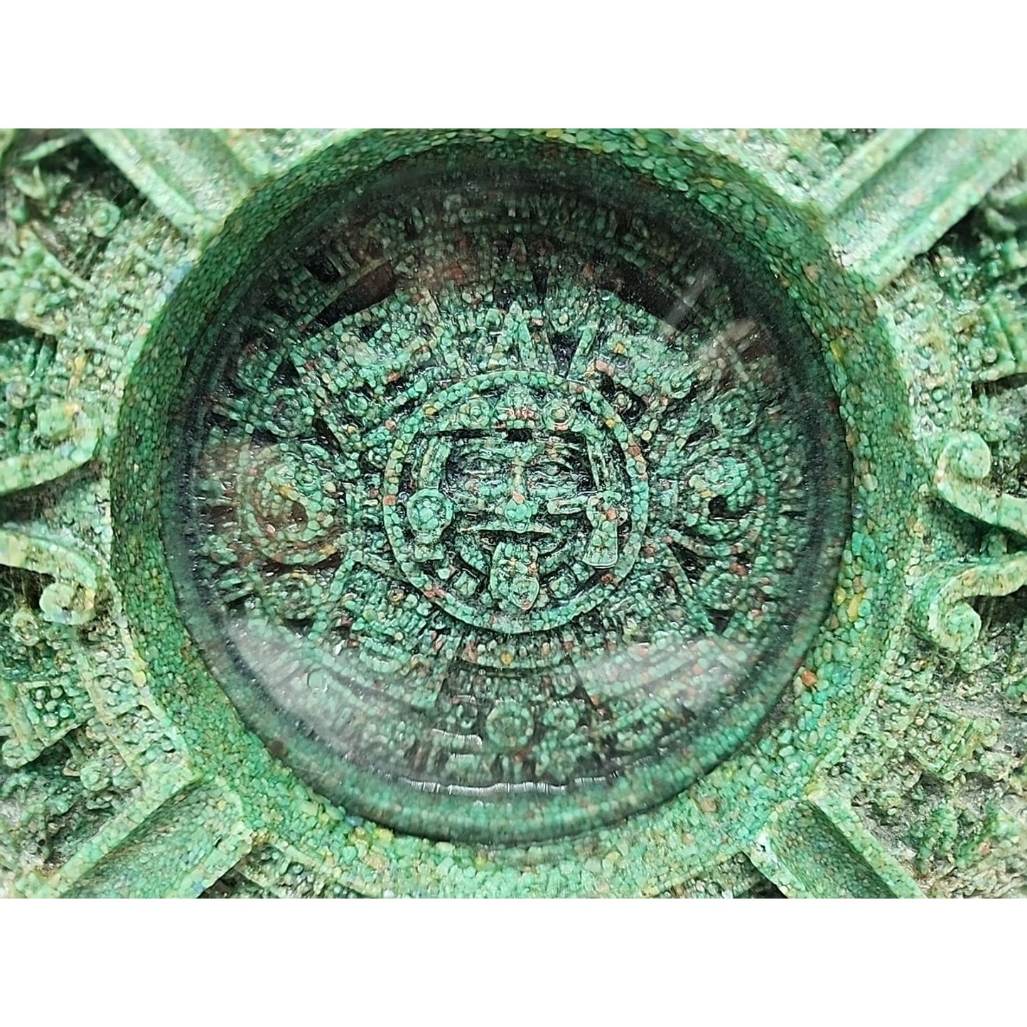 VTG Table Maya Aztec Calendar Sun Large Crush Malachite Stone Panel Ash Tray