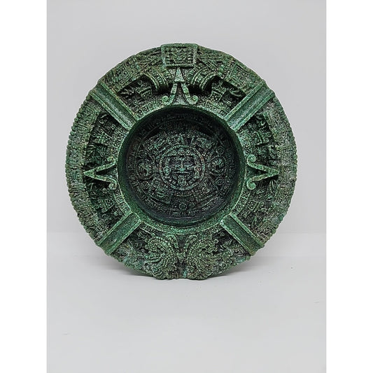 VTG Table Maya Aztec Calendar Sun Large Crush Malachite Stone Panel Ash Tray